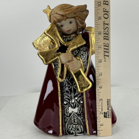Vintage Ceramic Angel Candle Holder With Star Bow 8.5" Tall Gold & Burgundy Chr - Picture 8 of 10
